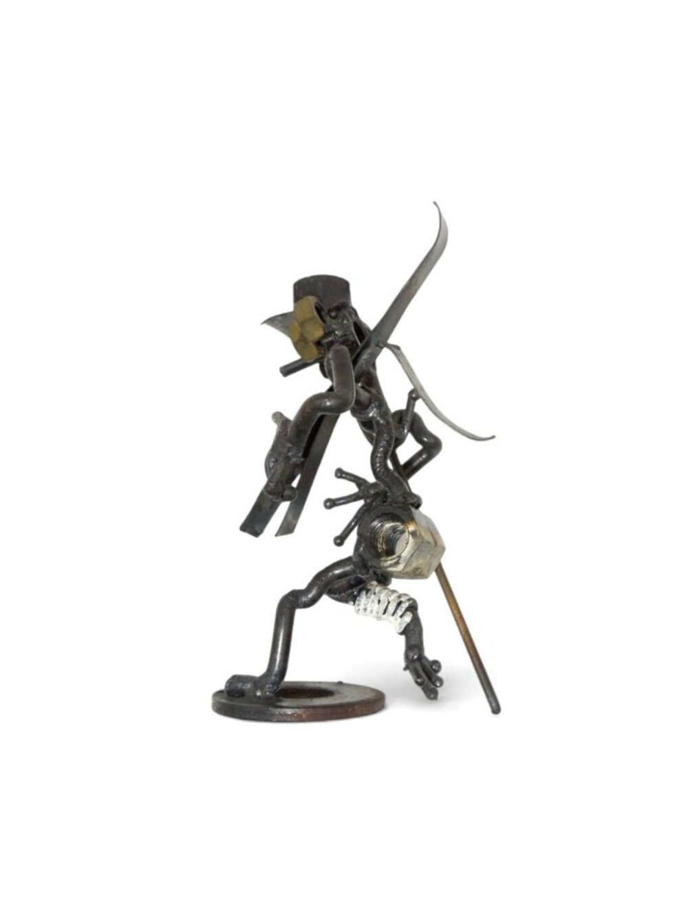 Vintage Welded Metal Injured Skier Sculpture Industrial Folk Art Ski Figurine 6"